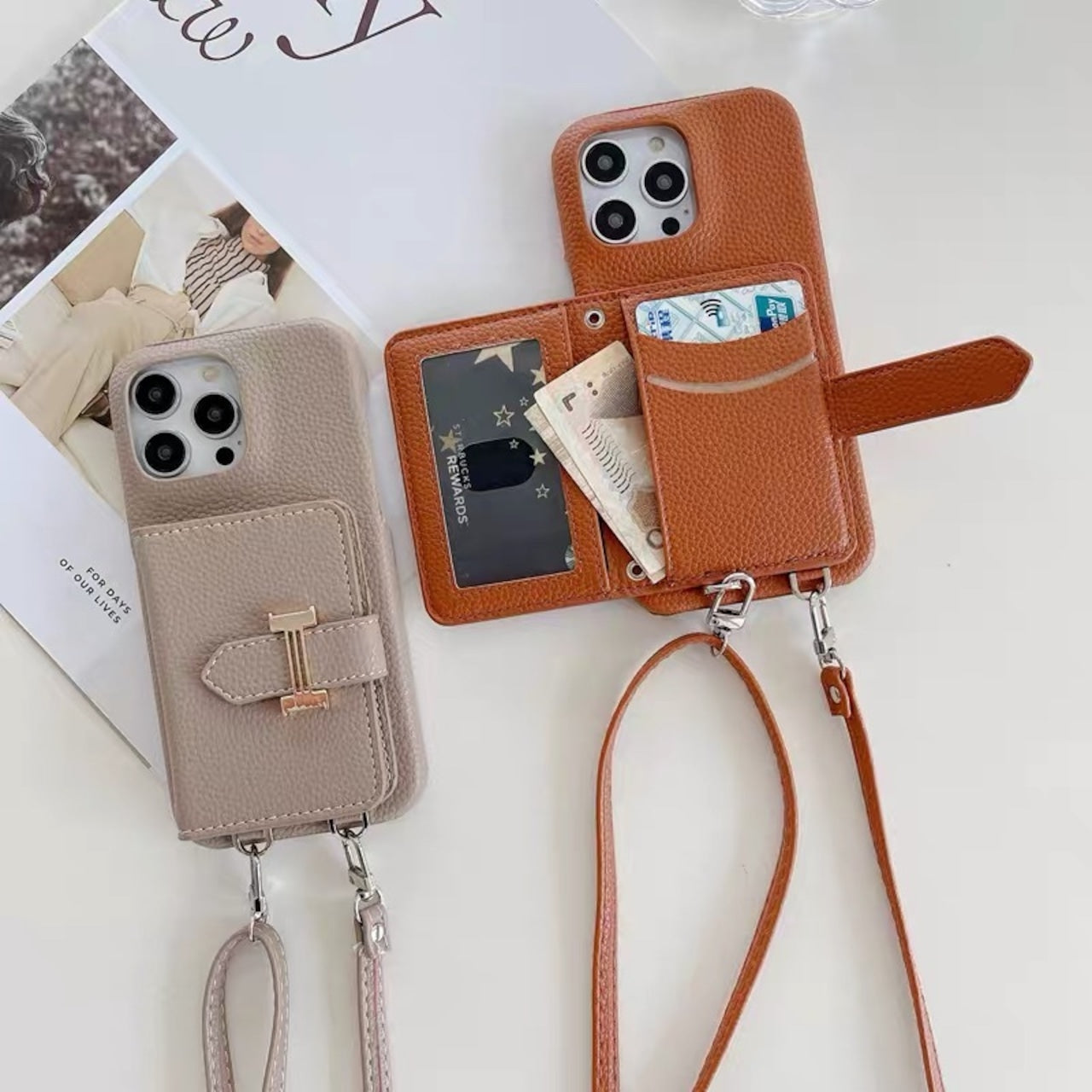 Leather Shoulder iPhone case with Strap Card Holder レザーショルダースマホケースとストラップカードホルダー　R01426