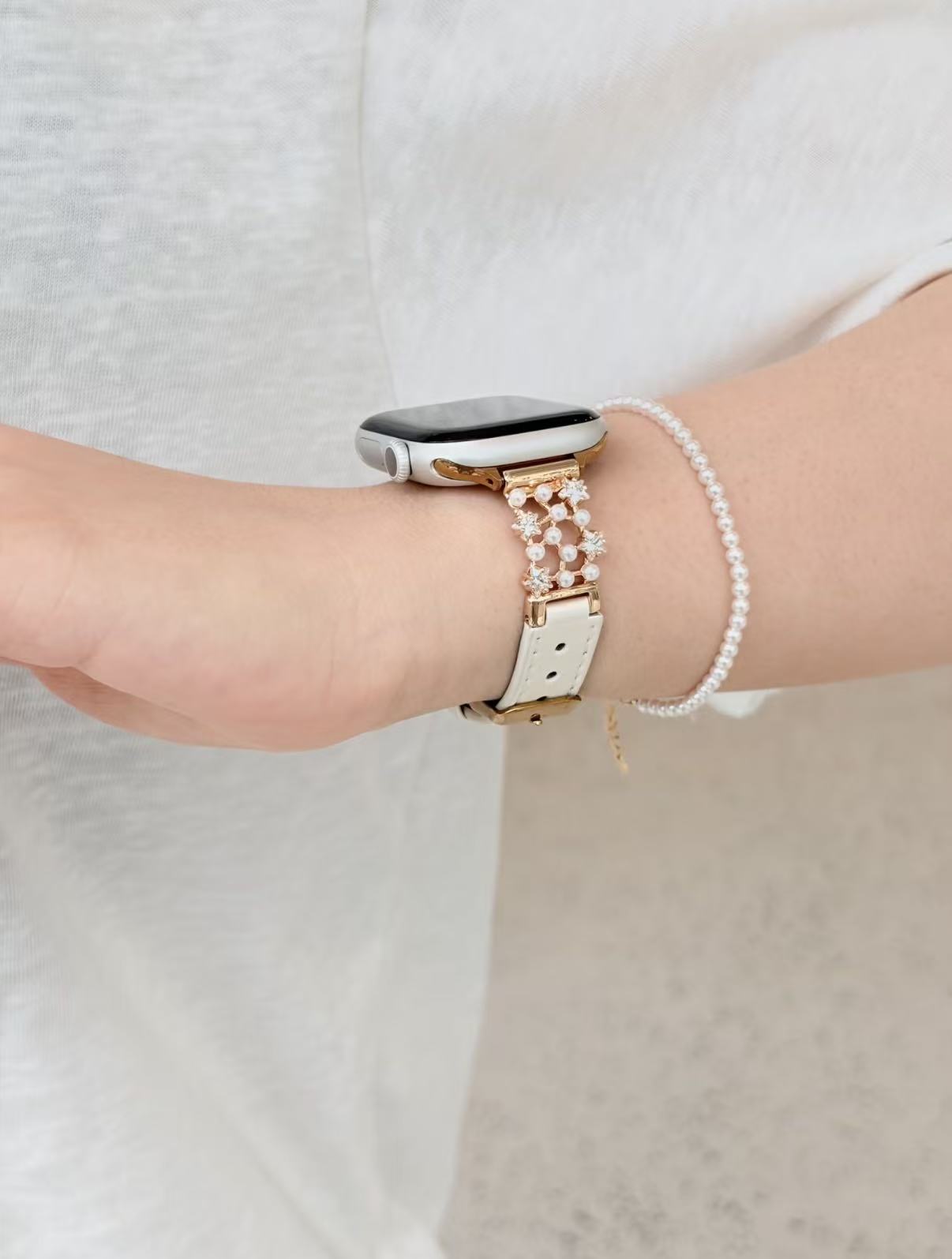 Star ＆Pearl Leather Style Apple Watch Band　 スター＆パールレザースタイルAppleWatchバンド　R02163