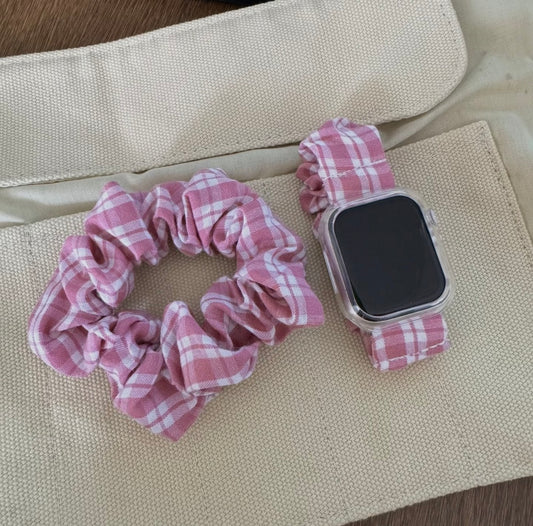 Pink Gingham Scrunchie Apple Watch Band　 ピンクチェック柄シュシュ風AppleWatchバンド　R02147