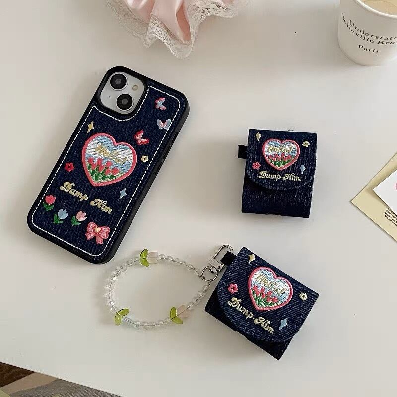 Embroider Tulip & Heart iPhone case チューリップとハートの刺繍スマホケース　R01361