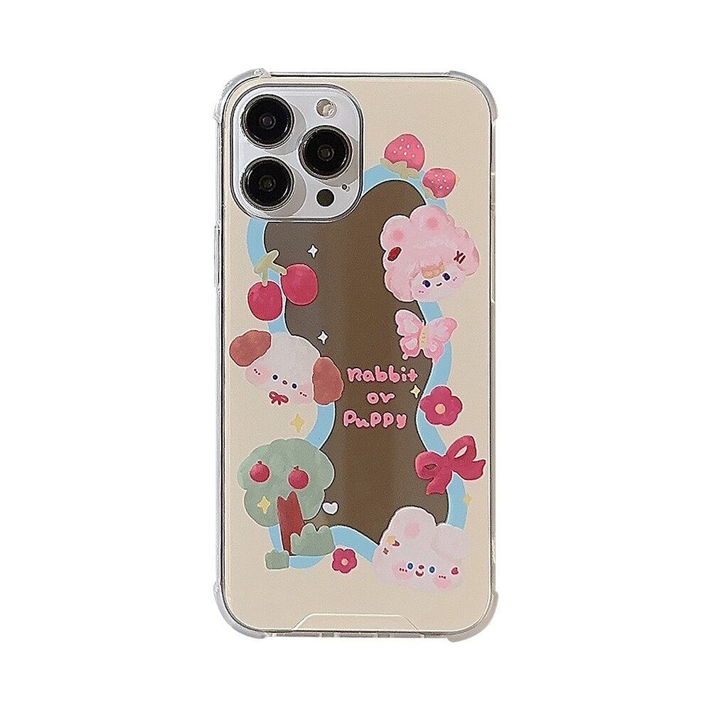 Cute Rabbit &Puppy Mirror iPhone case かわいいうさぎと子犬のミラースマホケース　R01356