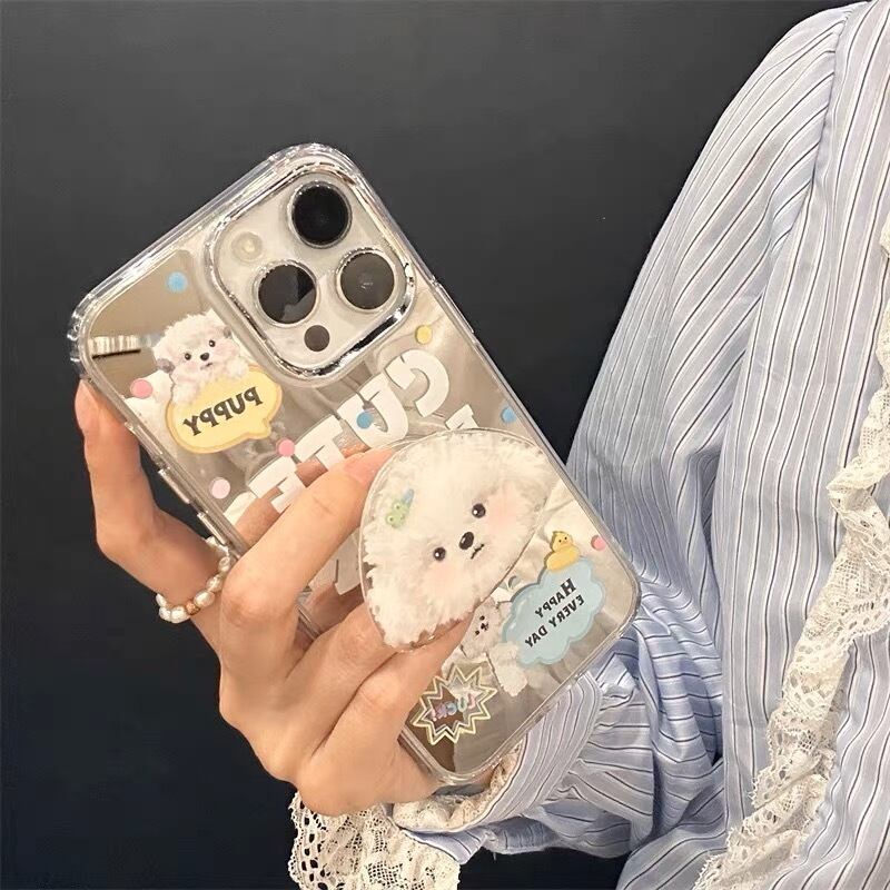 Cute Puppy stand with Mirror iPhone case 可愛い子犬スタンドとミラースマホケース　R01366