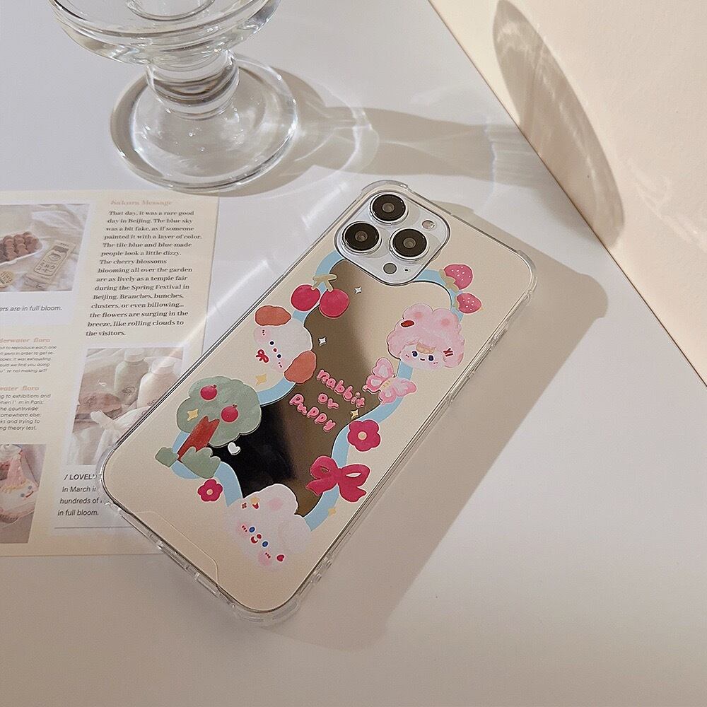 Cute Rabbit &Puppy Mirror iPhone case かわいいうさぎと子犬のミラースマホケース　R01356