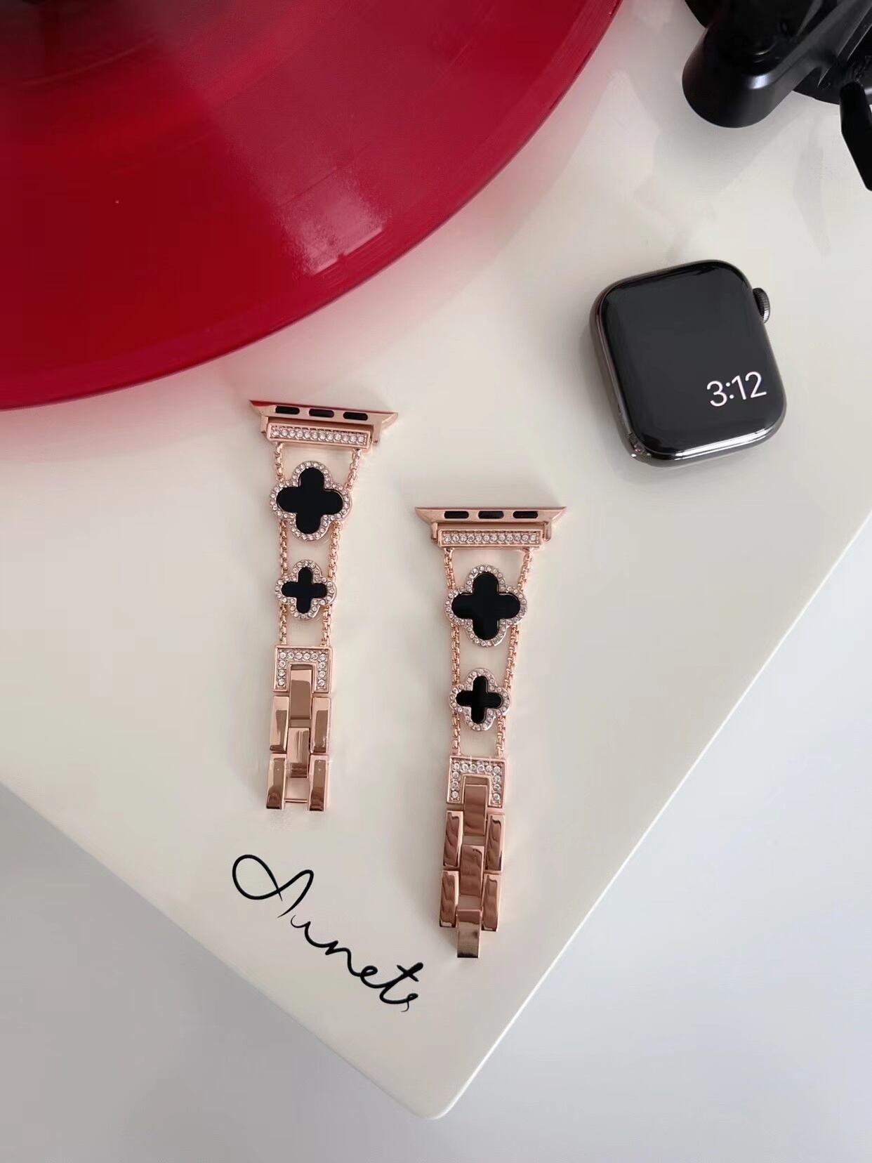 Rose Gold×Black Shining Clover Apple Watch Band キラキラクローバーApple Watchバンド　R01251