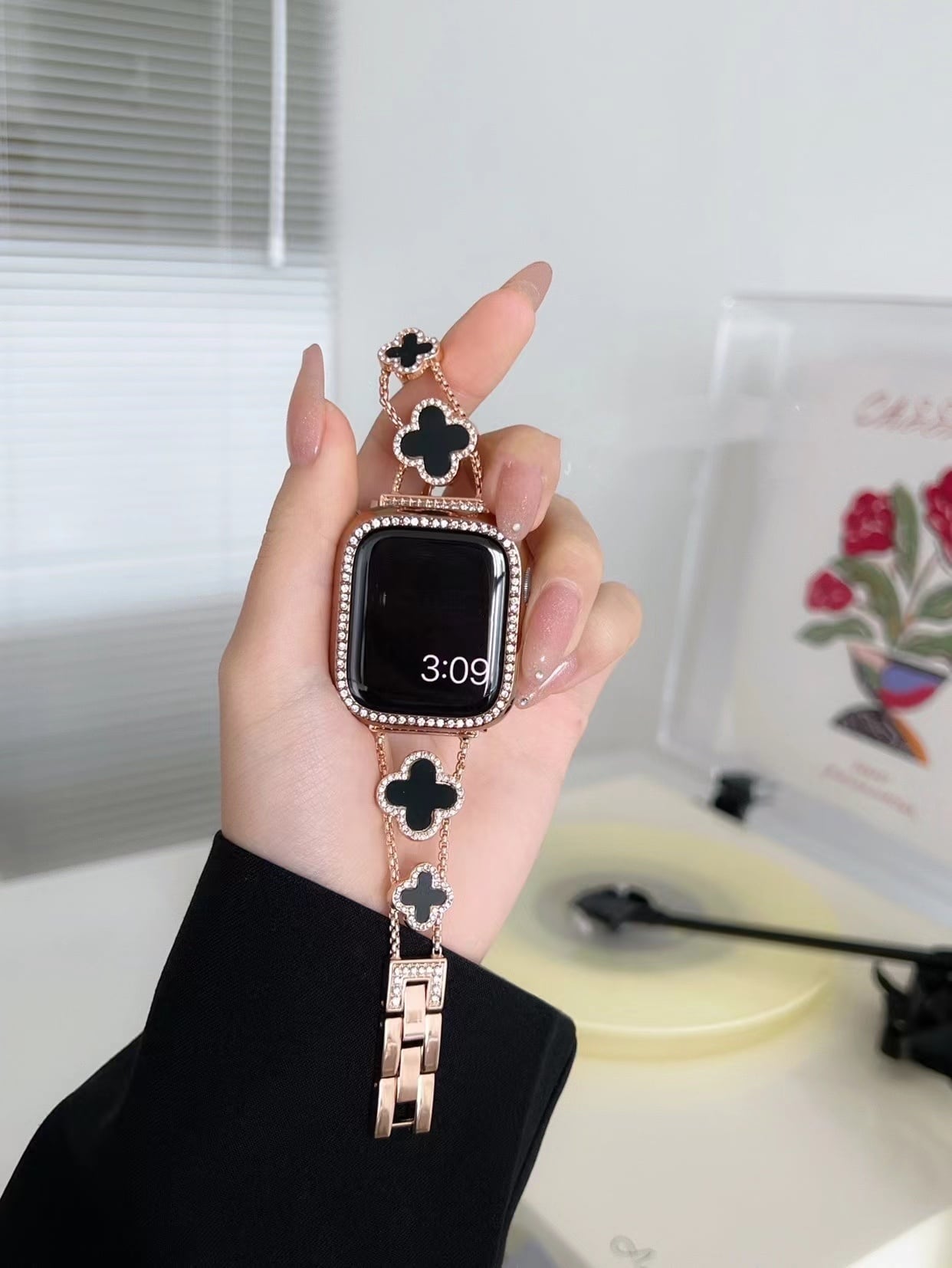 Rose Gold×Black Shining Clover Apple Watch Band キラキラクローバーApple Watchバンド　R01251