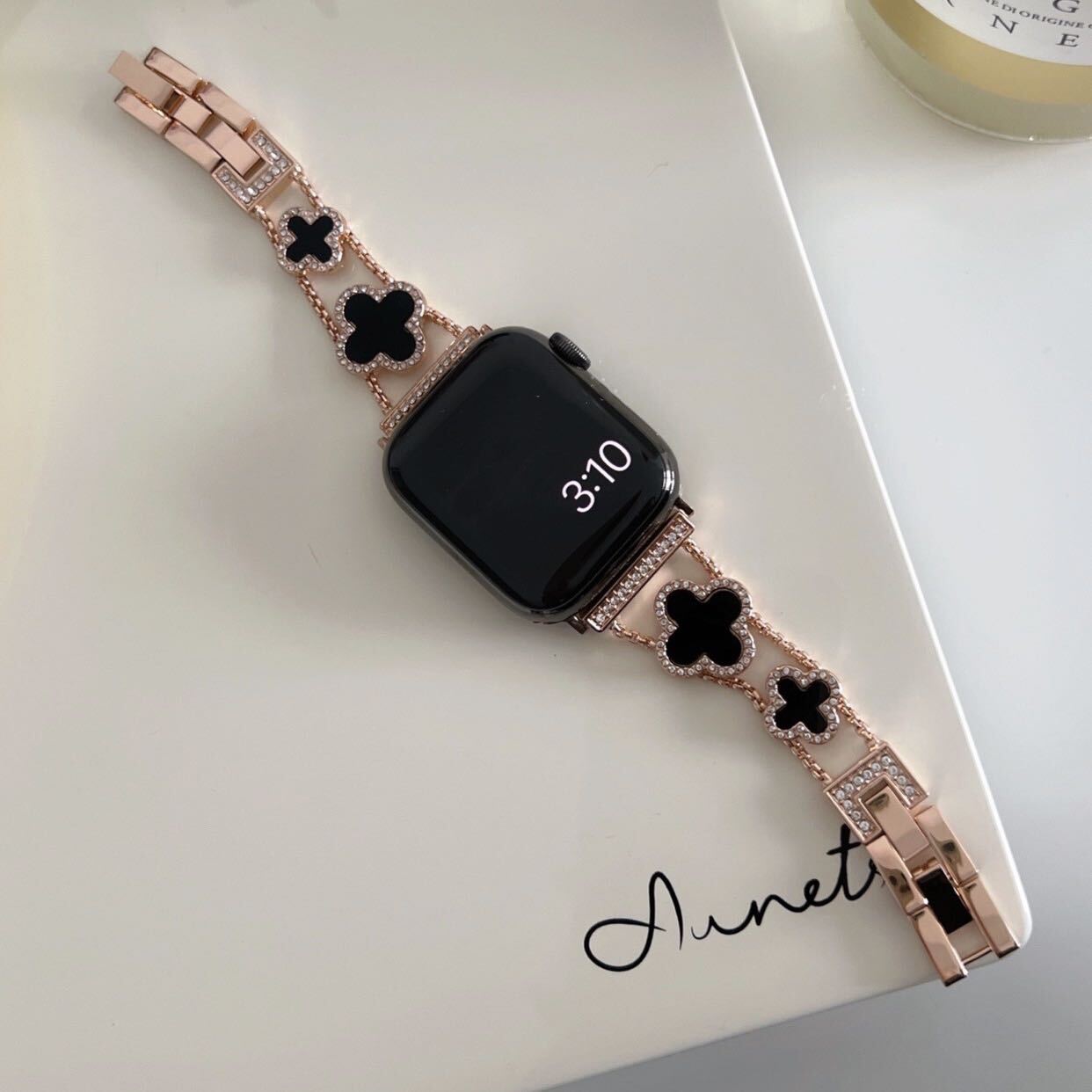 Rose Gold×Black Shining Clover Apple Watch Band キラキラクローバーApple Watchバンド　R01251