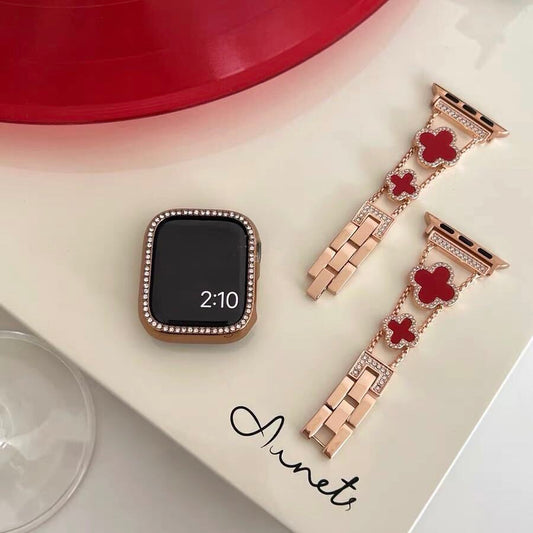 Rose Gold×Red Shining Clover Apple Watch Band キラキラクローバーApple Watchバンド　R01249