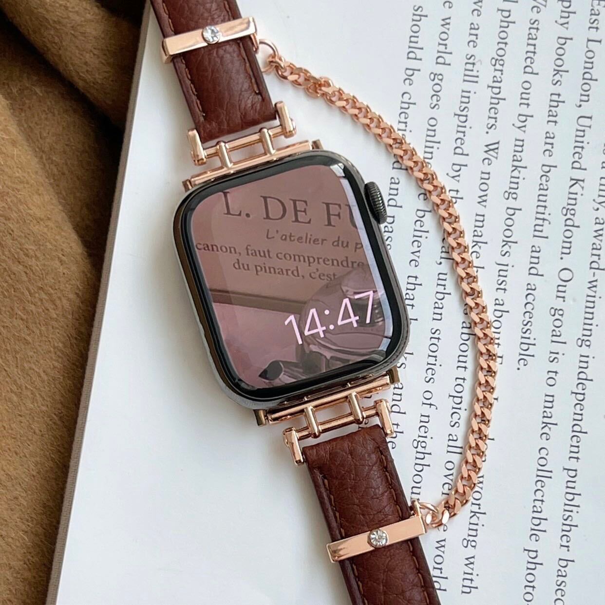 Leather & RoseGold Chain Apple Watch Band レザー&ローズゴールドチェーンApple Watchバンド　R01288