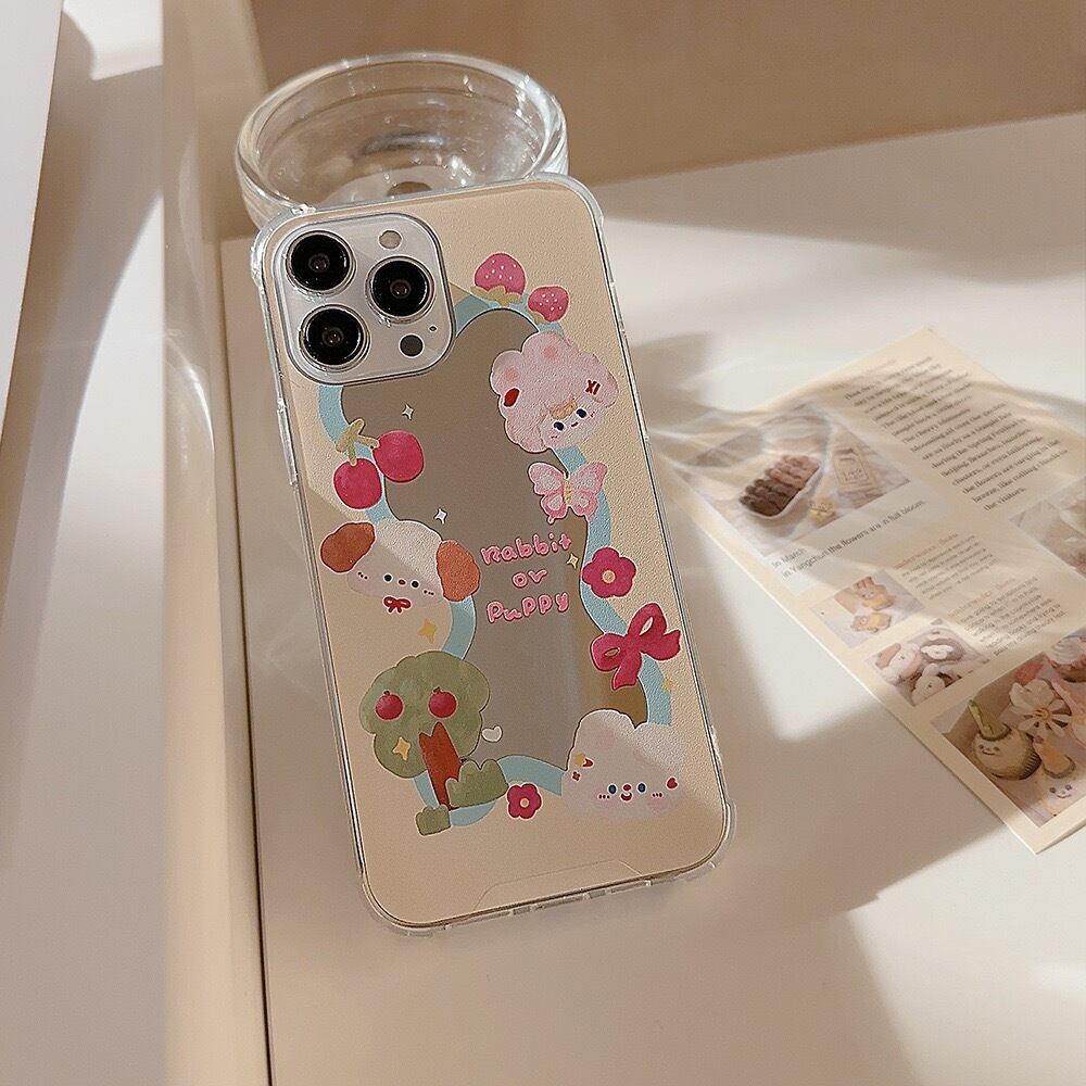 Cute Rabbit &Puppy Mirror iPhone case かわいいうさぎと子犬のミラースマホケース　R01356