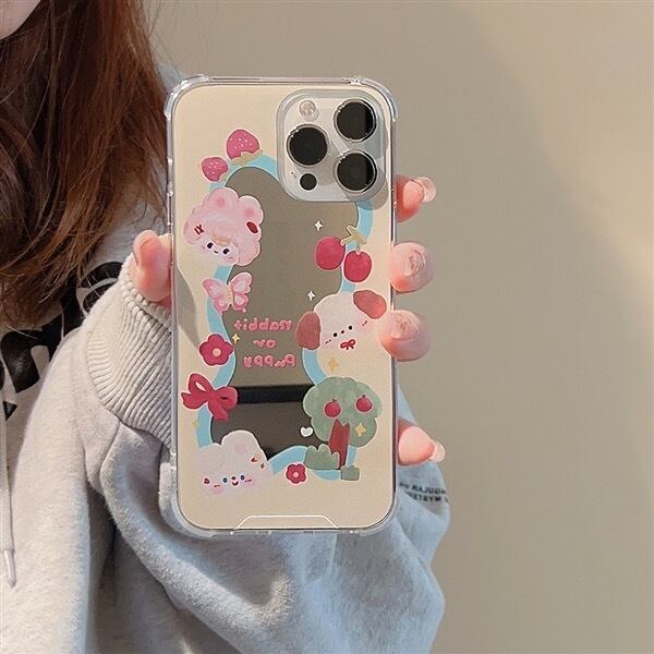 Cute Rabbit &Puppy Mirror iPhone case かわいいうさぎと子犬のミラースマホケース　R01356