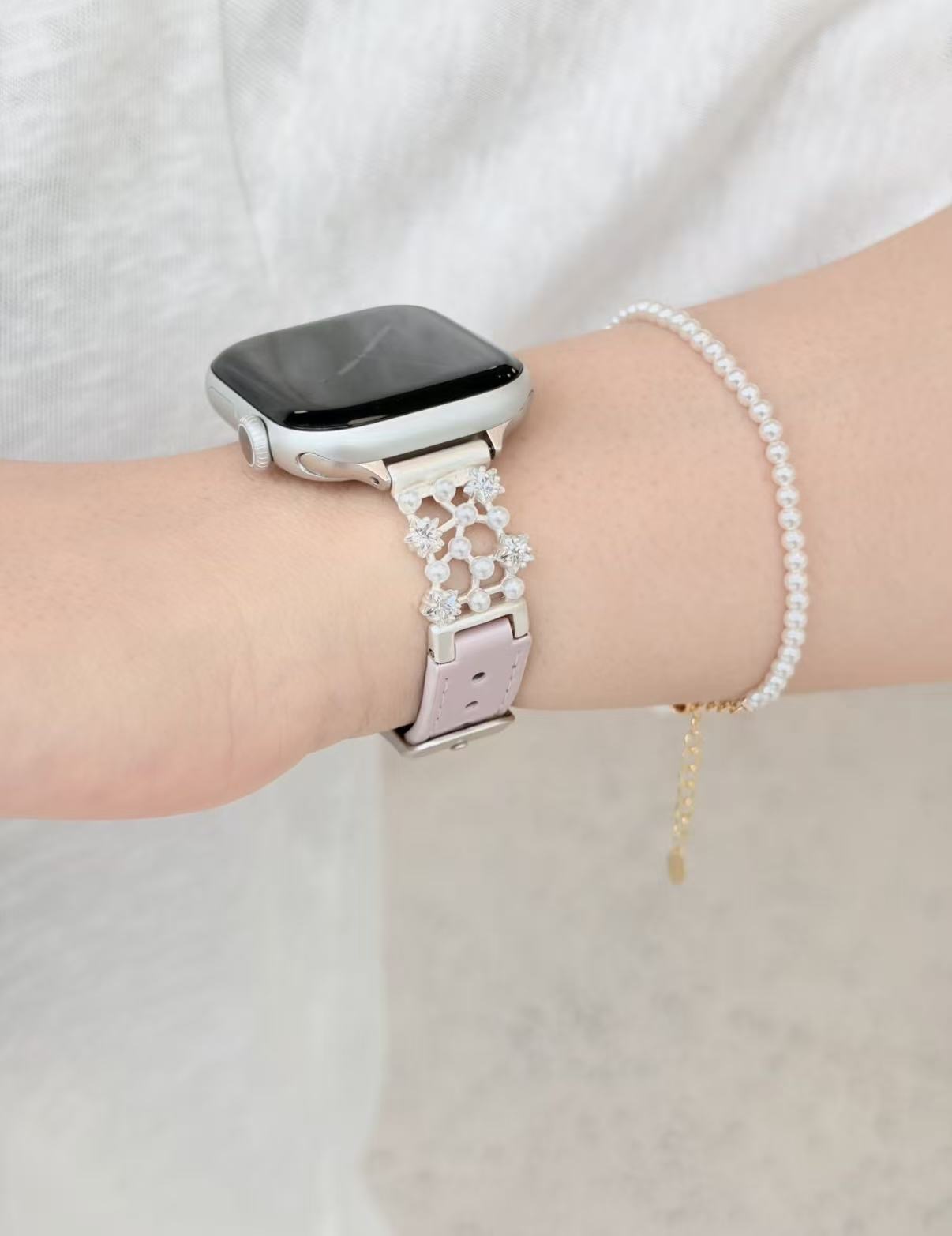 Star ＆Pearl Leather Style Apple Watch Band　 スター＆パールレザースタイルAppleWatchバンド　R02163
