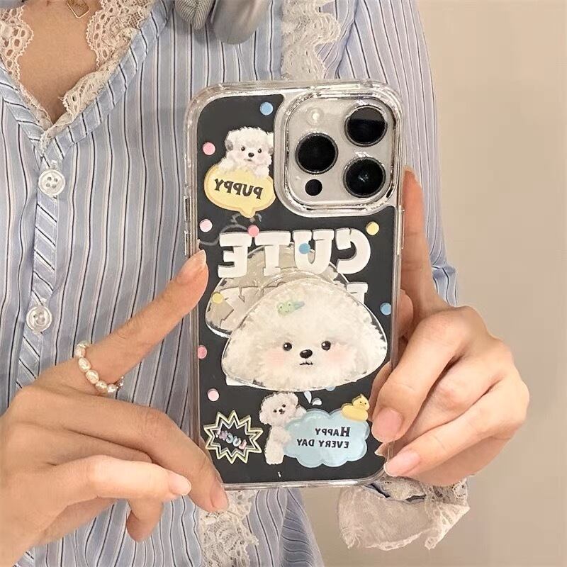 Cute Puppy stand with Mirror iPhone case 可愛い子犬スタンドとミラースマホケース　R01366