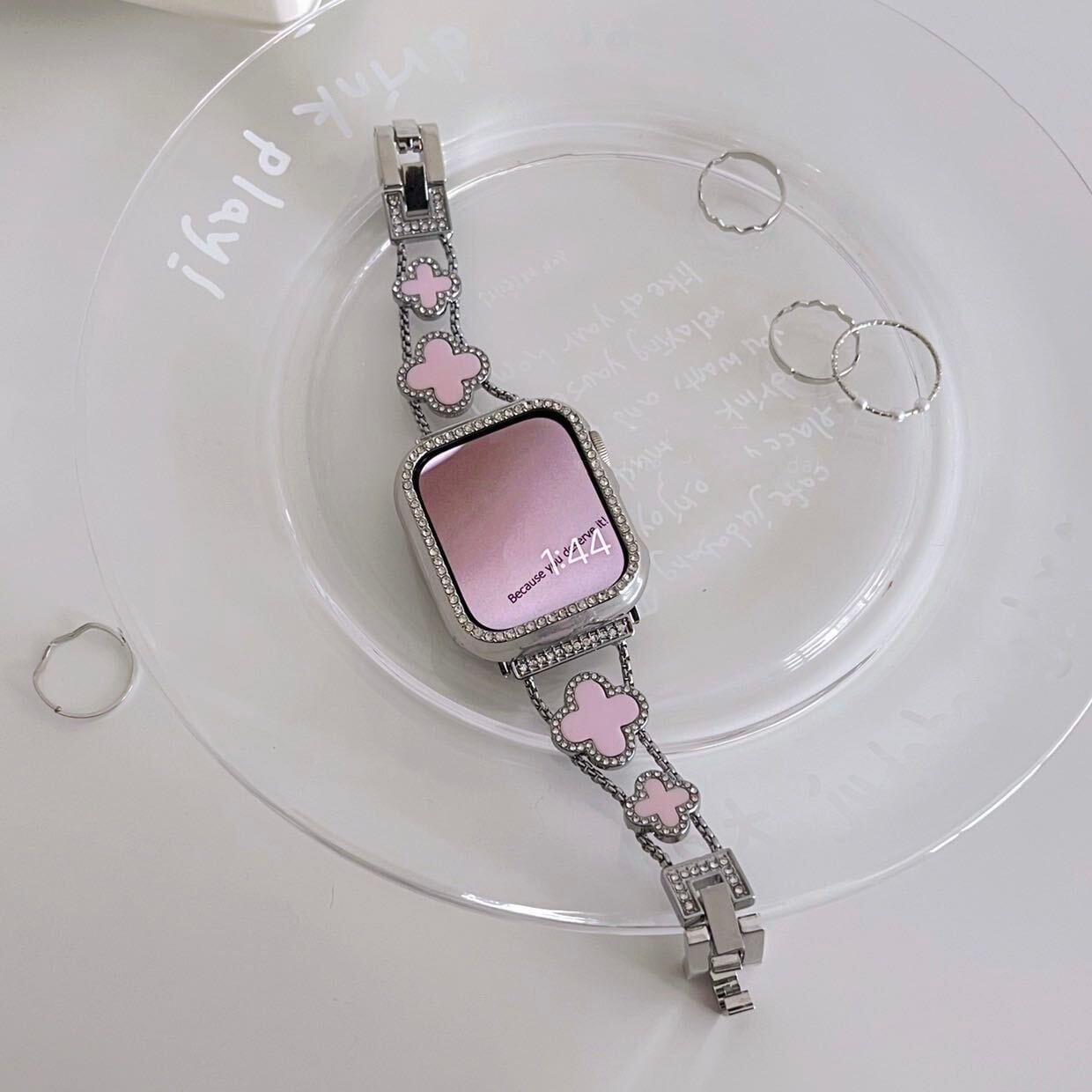 Silver×Pink Shining Clover Apple Watch Band キラキラクローバーApple Watchバンド　R01255