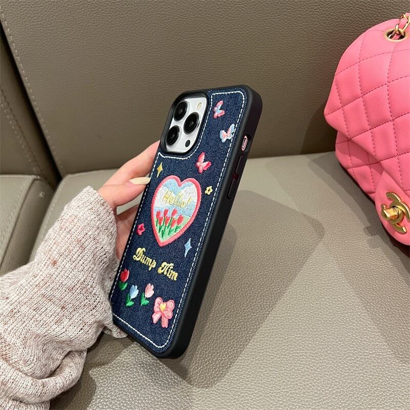 Embroider Tulip & Heart iPhone case チューリップとハートの刺繍スマホケース　R01361